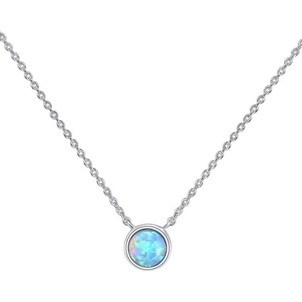 White Gold Blue Opal Pendant Necklace • Dainty Minimalist Chain • 16–18”